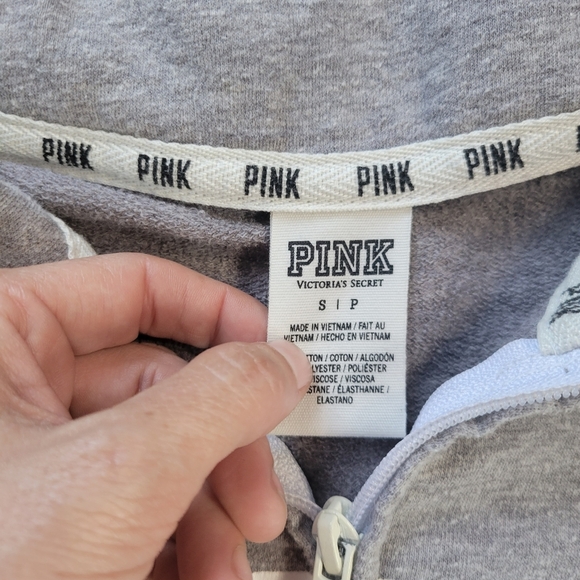 PINK Logo Three-Quarter Zip Up Pull Over Collar Size Gray White Small - Picture 5 of 11